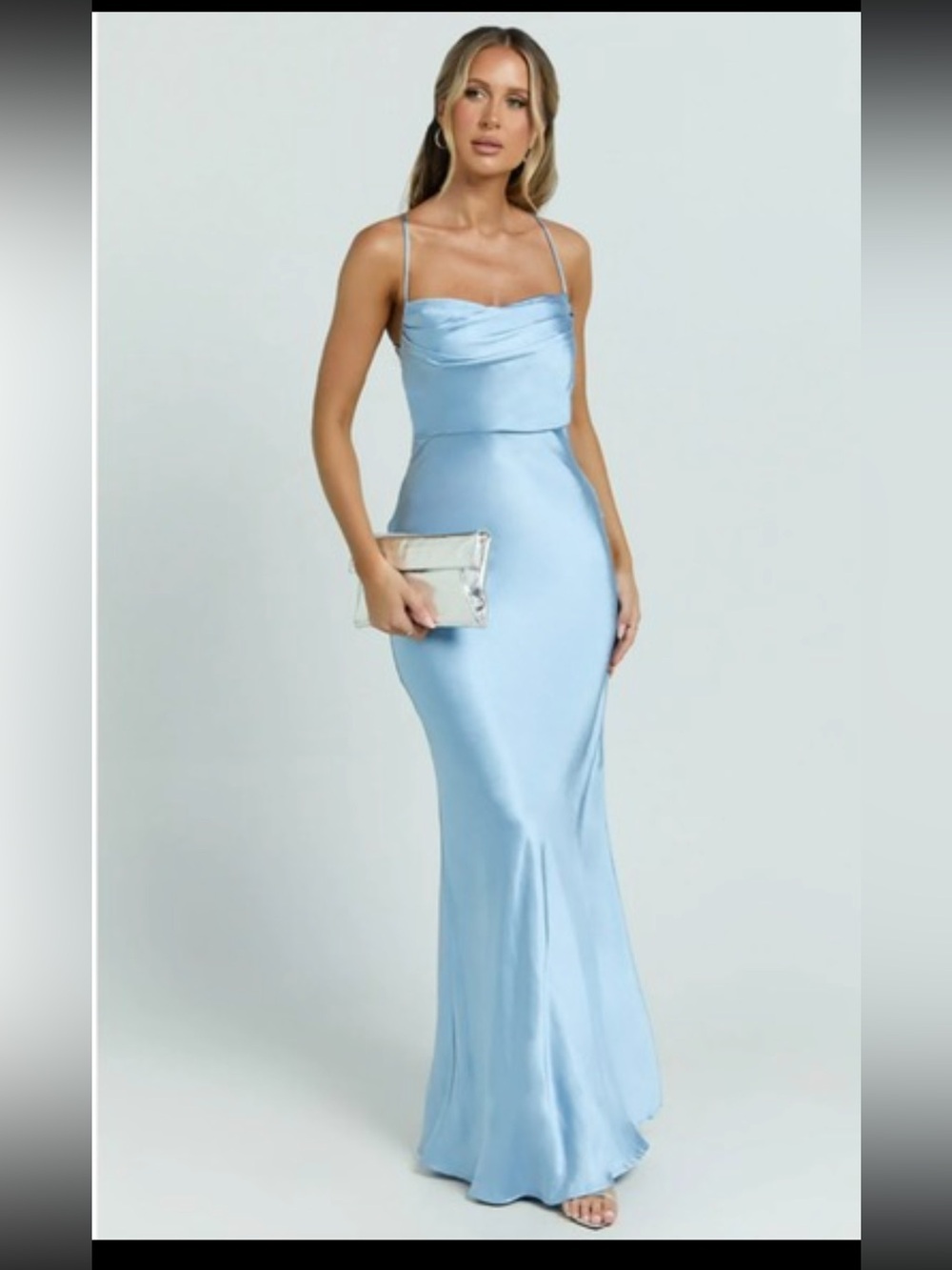 Showpo Strapless Light Blue Satin Dress - Picture 3 of 11